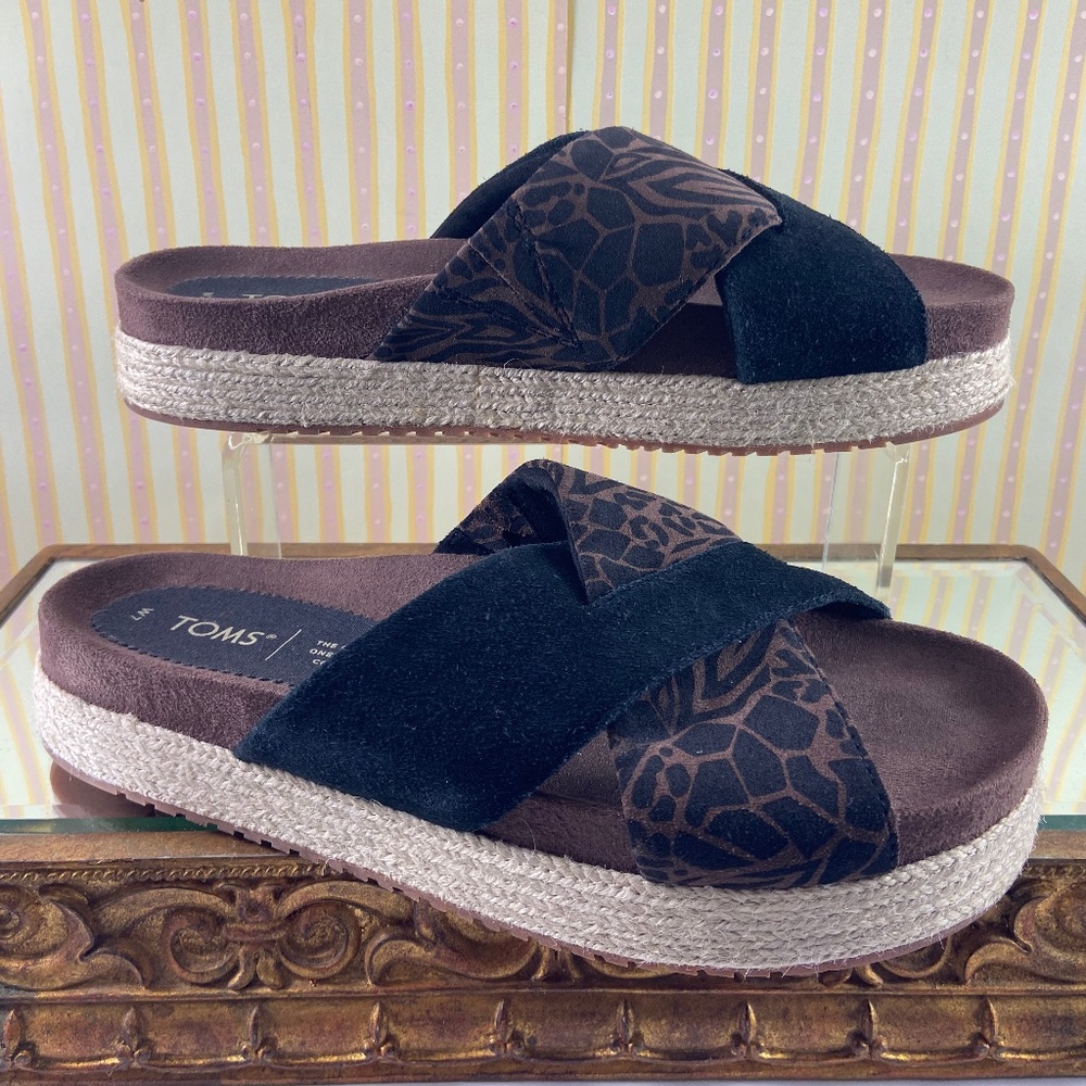 Toms Black and Brown Patterned Wedges